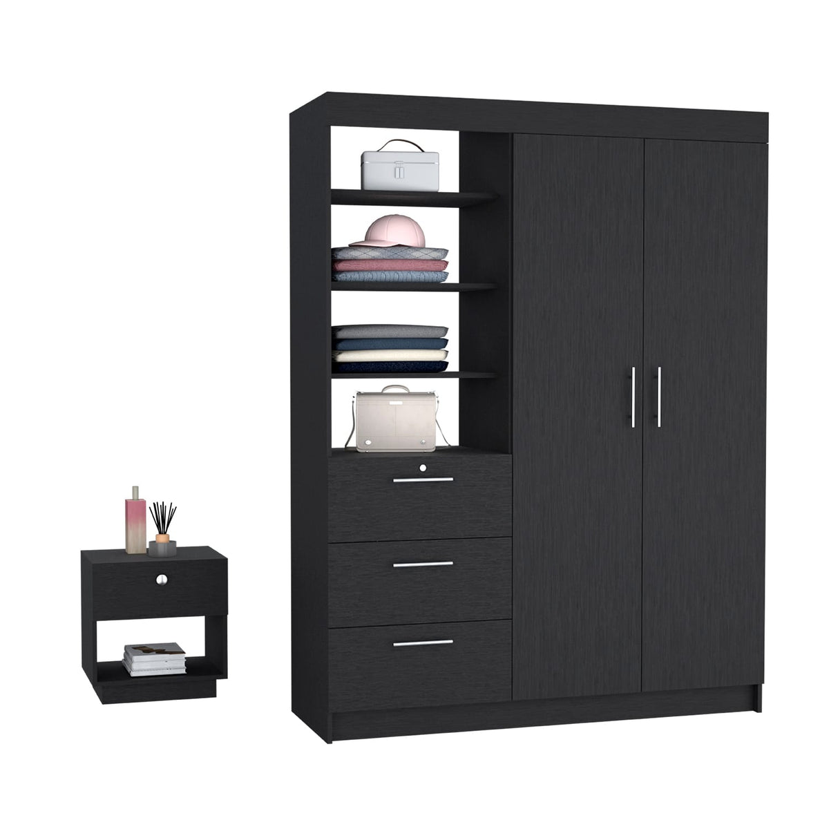 Black Engineered Wood Armoire Nightstand Set - 20.39" W