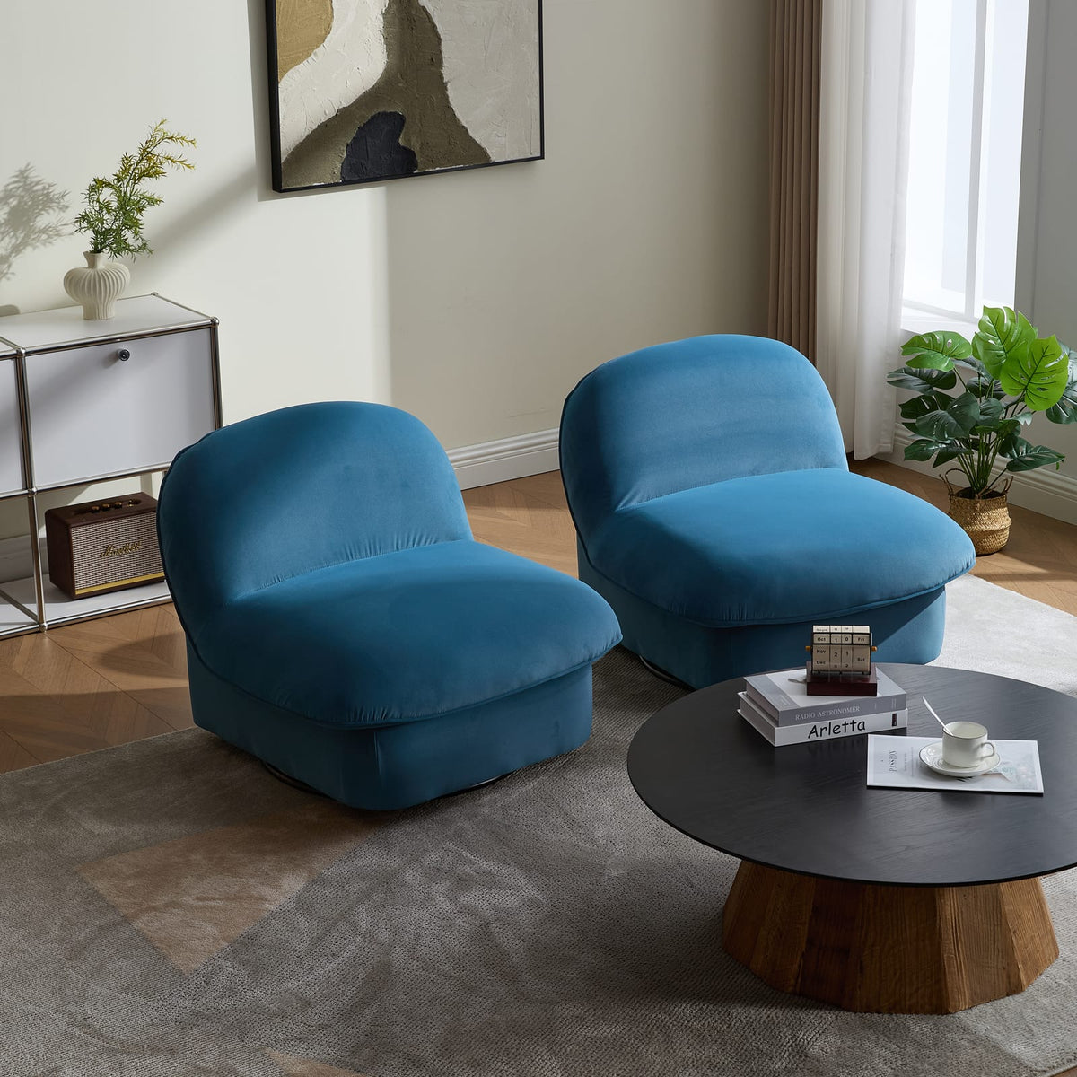 Swivel Accent Chair - Smoke Blue Velvet, 360° Base for Living Room