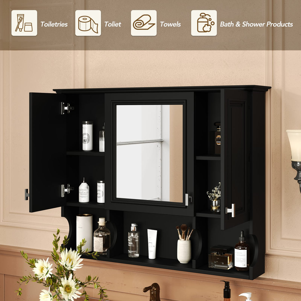 35'' Wall Mounted Bathroom Medicine Cabinet with Mirror - Black MDF