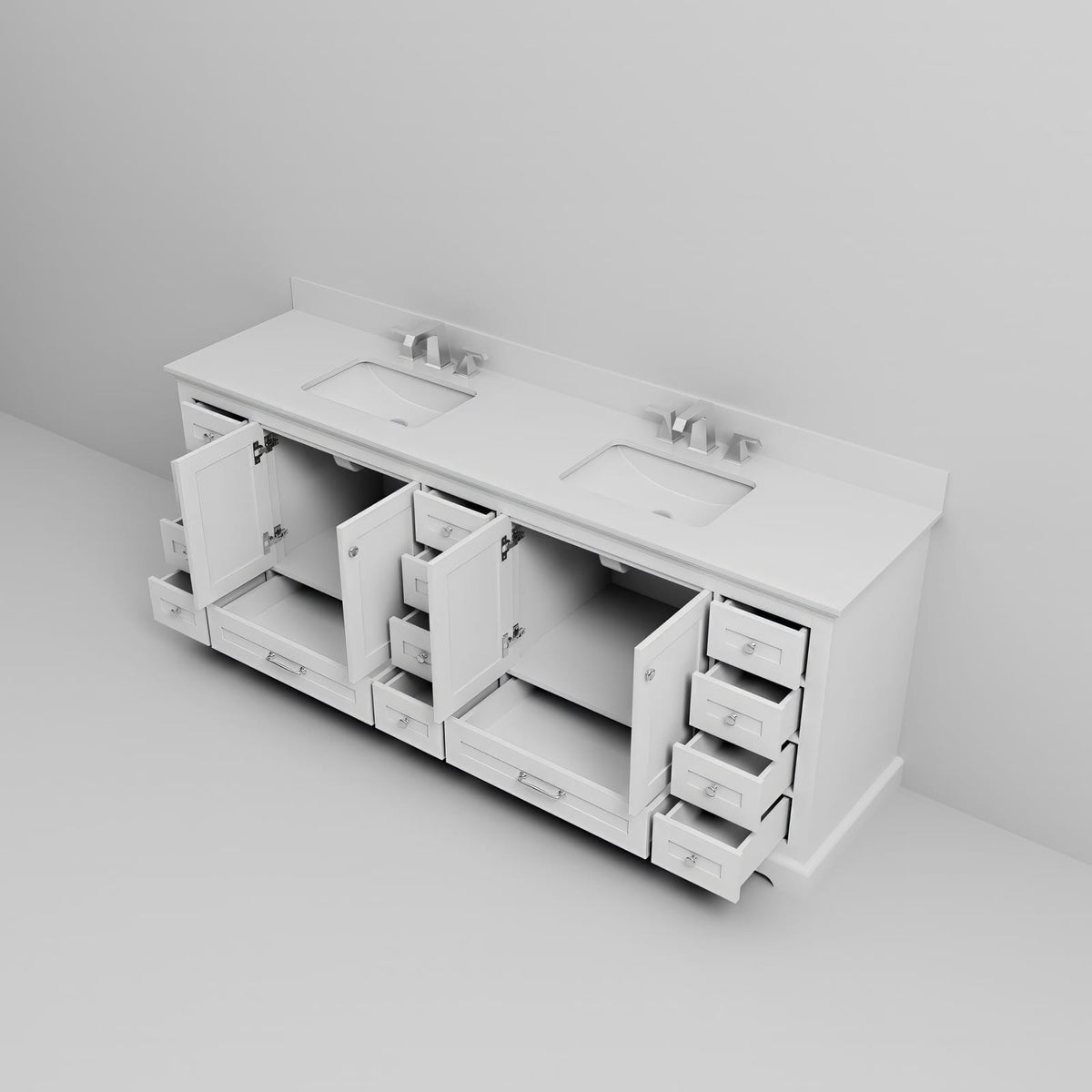 84 Inch White Wood Bathroom Vanity with Marble Top and Faucet