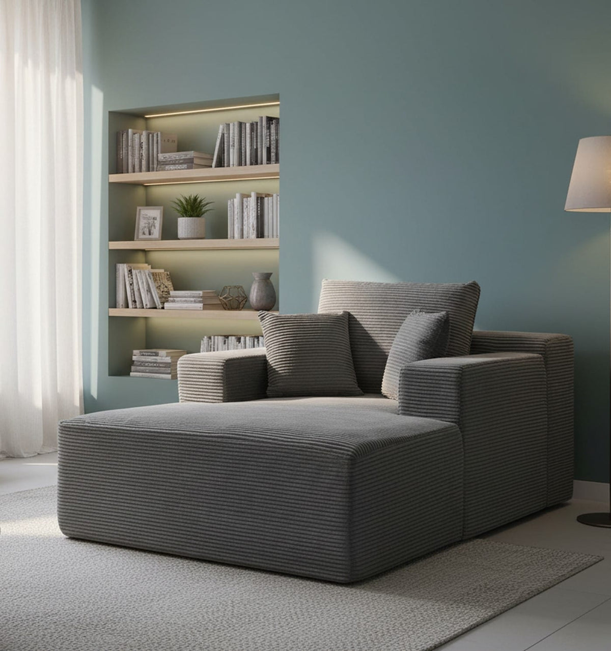 Dark Grey Corduroy Sleeper Sofa Bed Chaise Lounge for Living Room