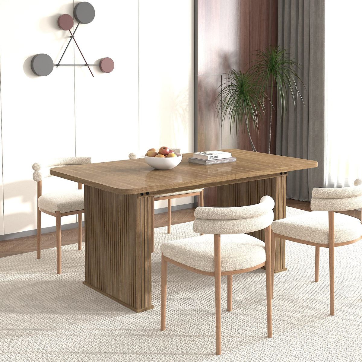 Extendable Dining Table for 6-10 Seats, Modern Beige Brown Wood