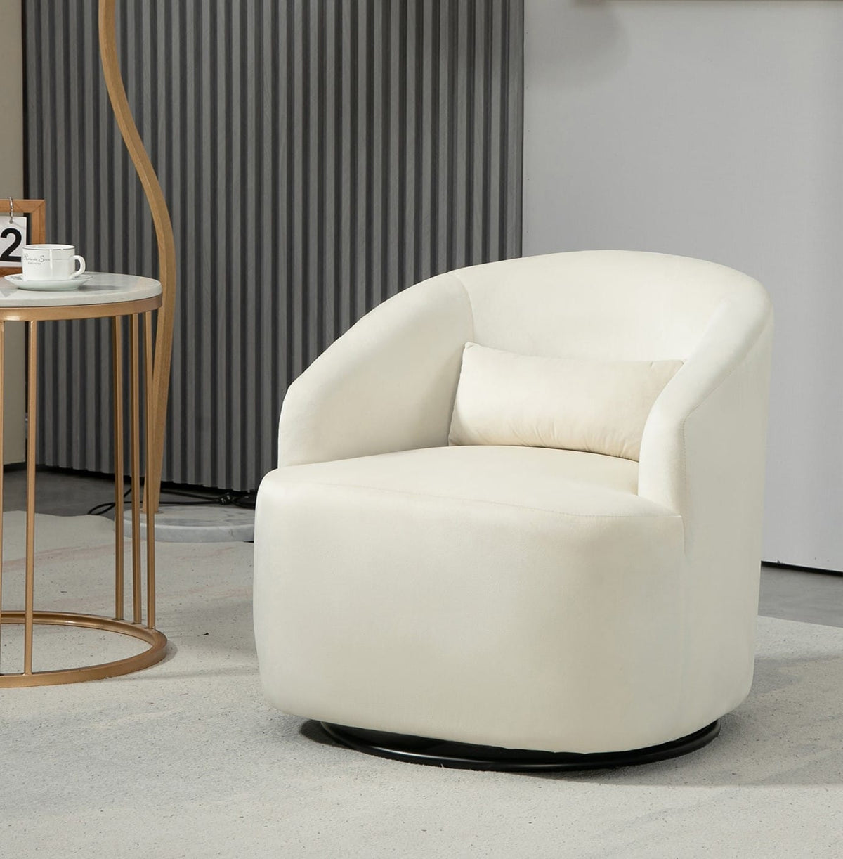 Beige Velvet Swivel Barrel Accent Chair for Living Room Decor