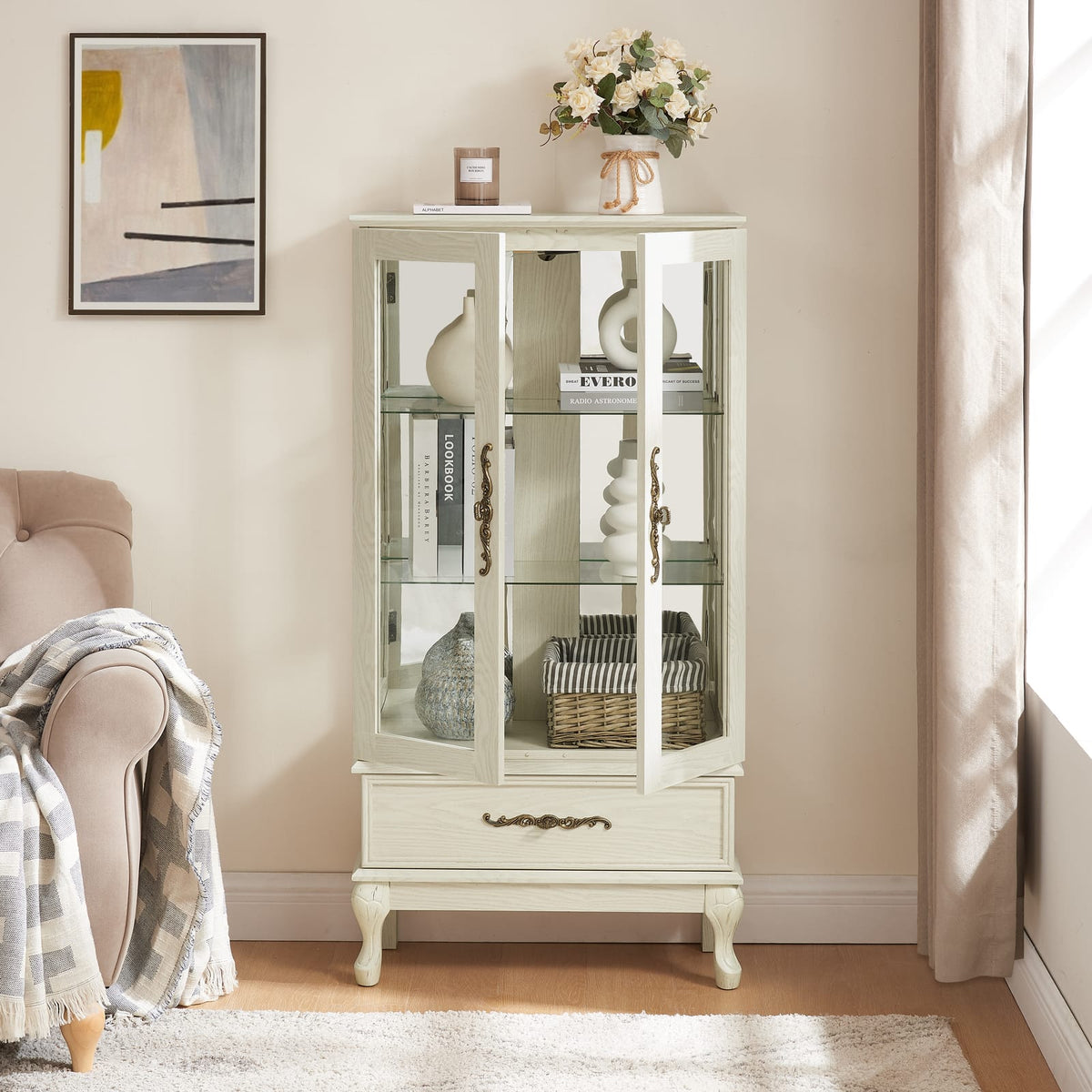 Antique White Curio Cabinet - Glass Display Shelves for Living Room