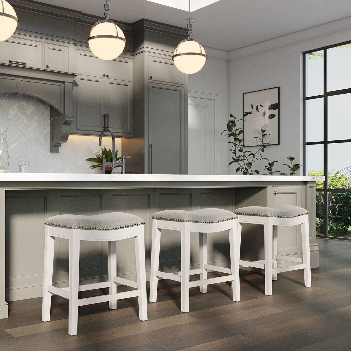 26" Counter-Height Barstool - White Wood Frame, Gray Seat