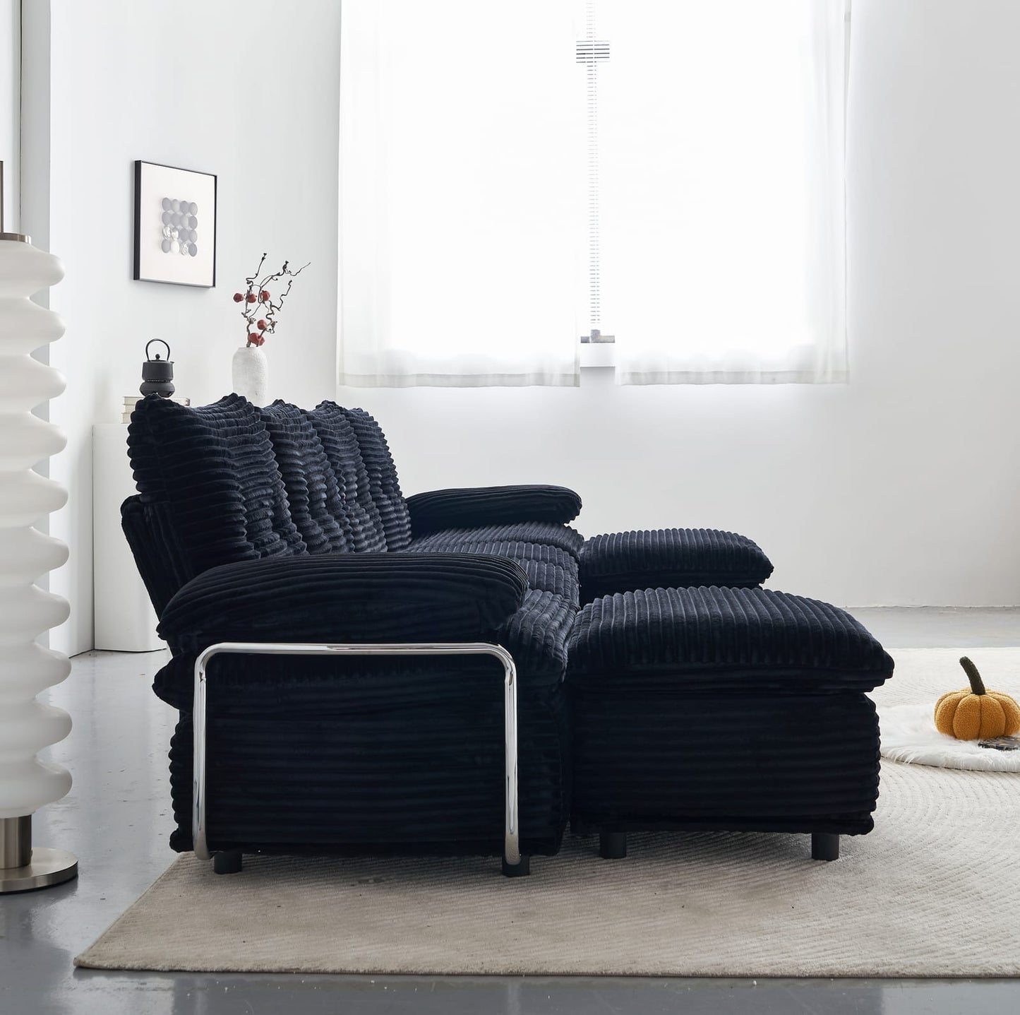 Black Corduroy Sectional Sofa - 4 Seat with Ottomans