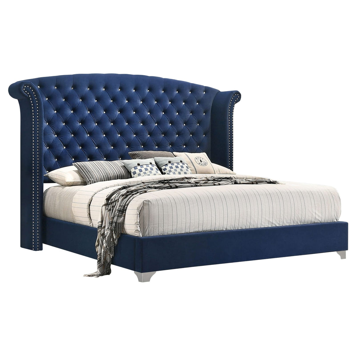 Blue Velvet King Wingback Bed with Chrome Legs for Bedroom
