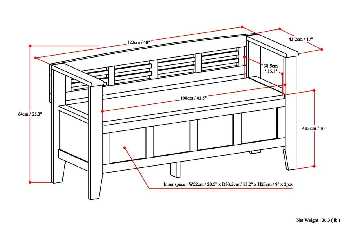 Dark Brown Wood Entryway Bench - 48" Wide Storage Seat