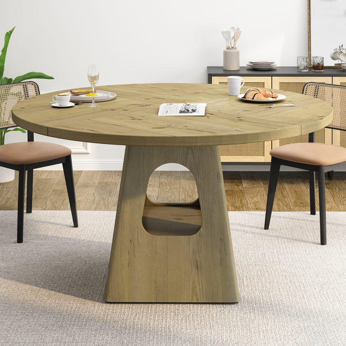 Round Dining Table with Storage for 6 People, Natural MDF Finish