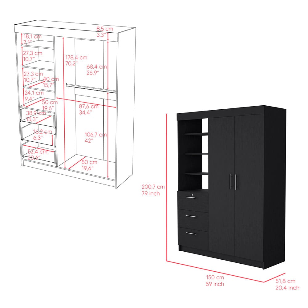 Black Armoire Rumanu - Bedroom Storage Dresser