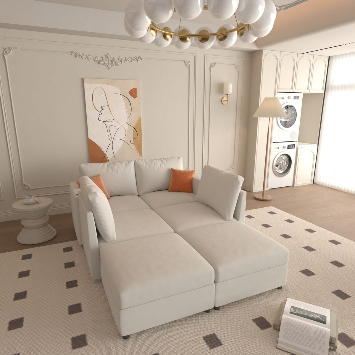 6 Seat Antique White Fabric Storage Sofa with Ottomans