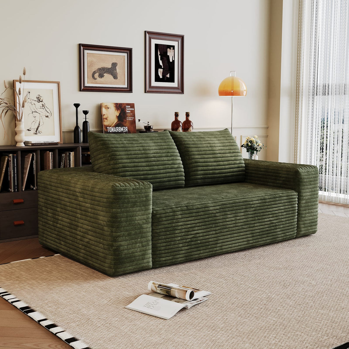 63" 2-Seat Sofa - Green Corduroy Fabric, Comfy Loveseat for Living Room