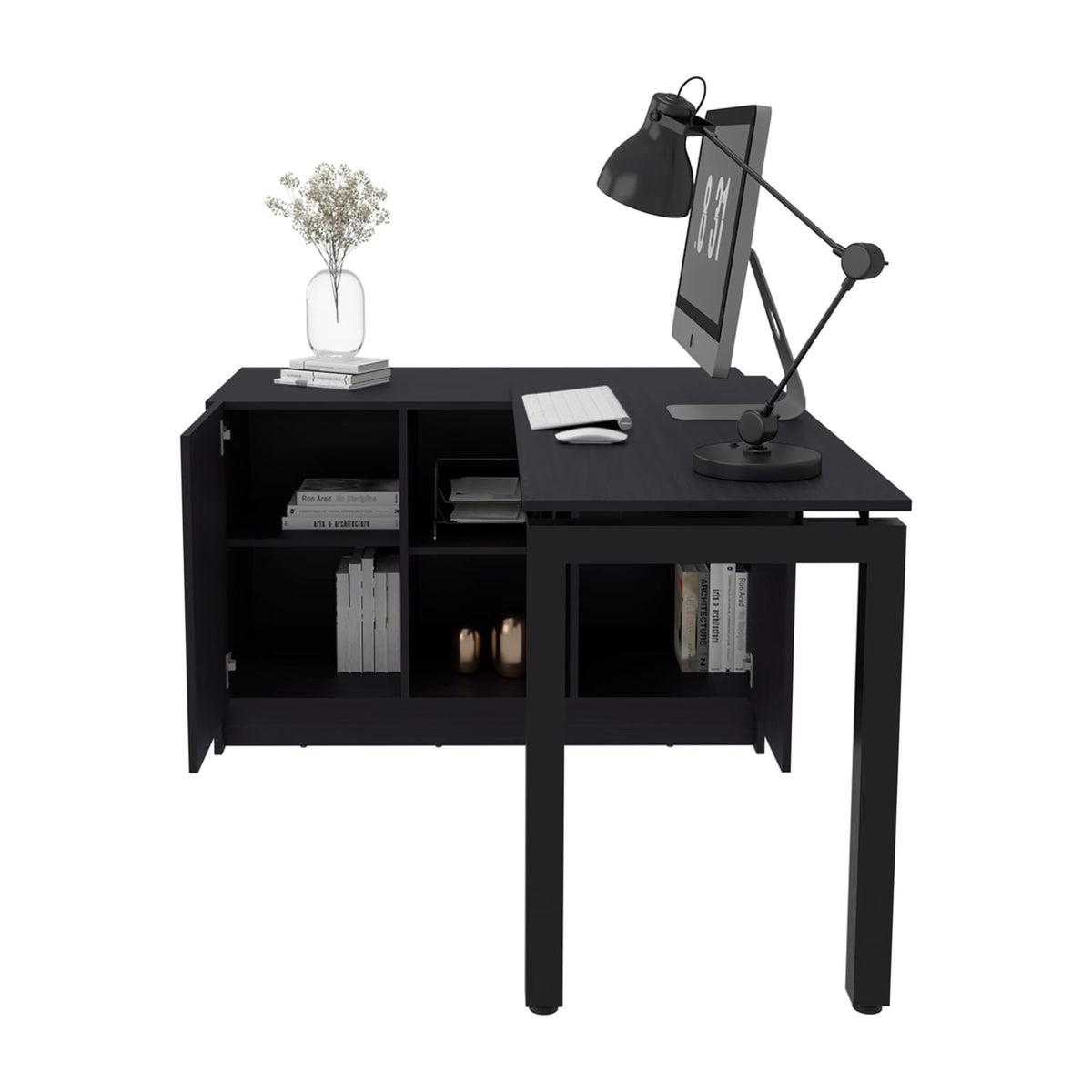 72-Inch Rotable Desk in Black Particle Board for Modern Home Office