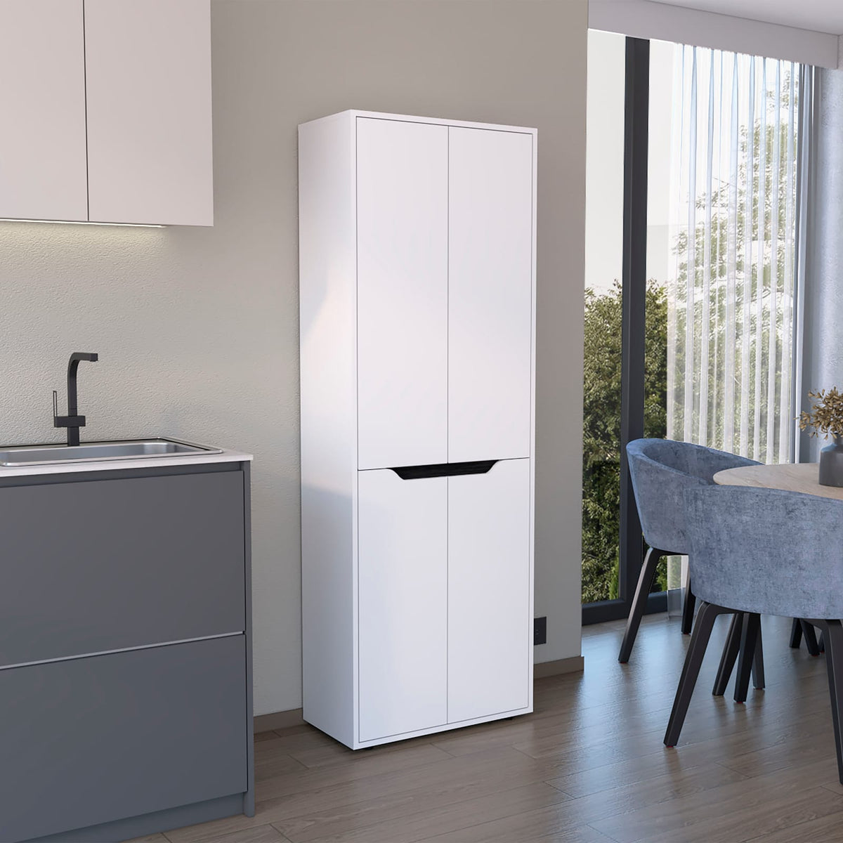 67" White+Black Kitchen Storage Cabinet - 5 Shelves for Dining Room
