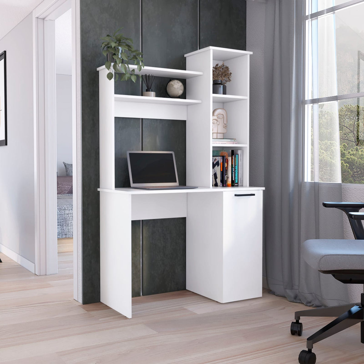 White Particle Board Computer Desk with Hutch Storage for Office Work for Home Office