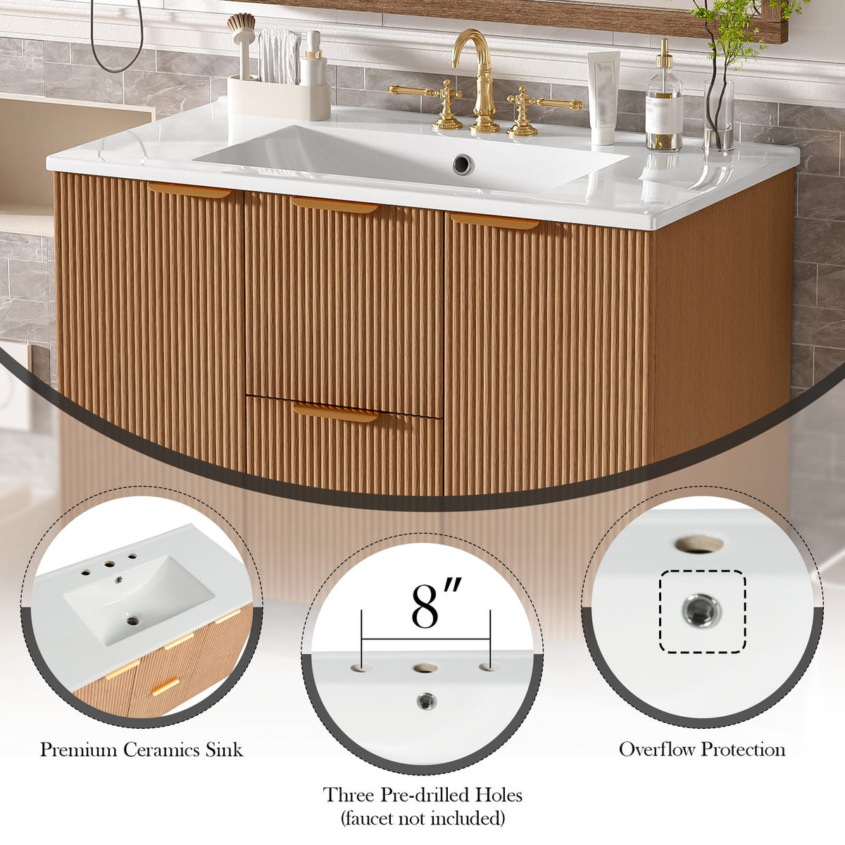 36" Wood MDF Bathroom Vanity - Wall Mounted Storage