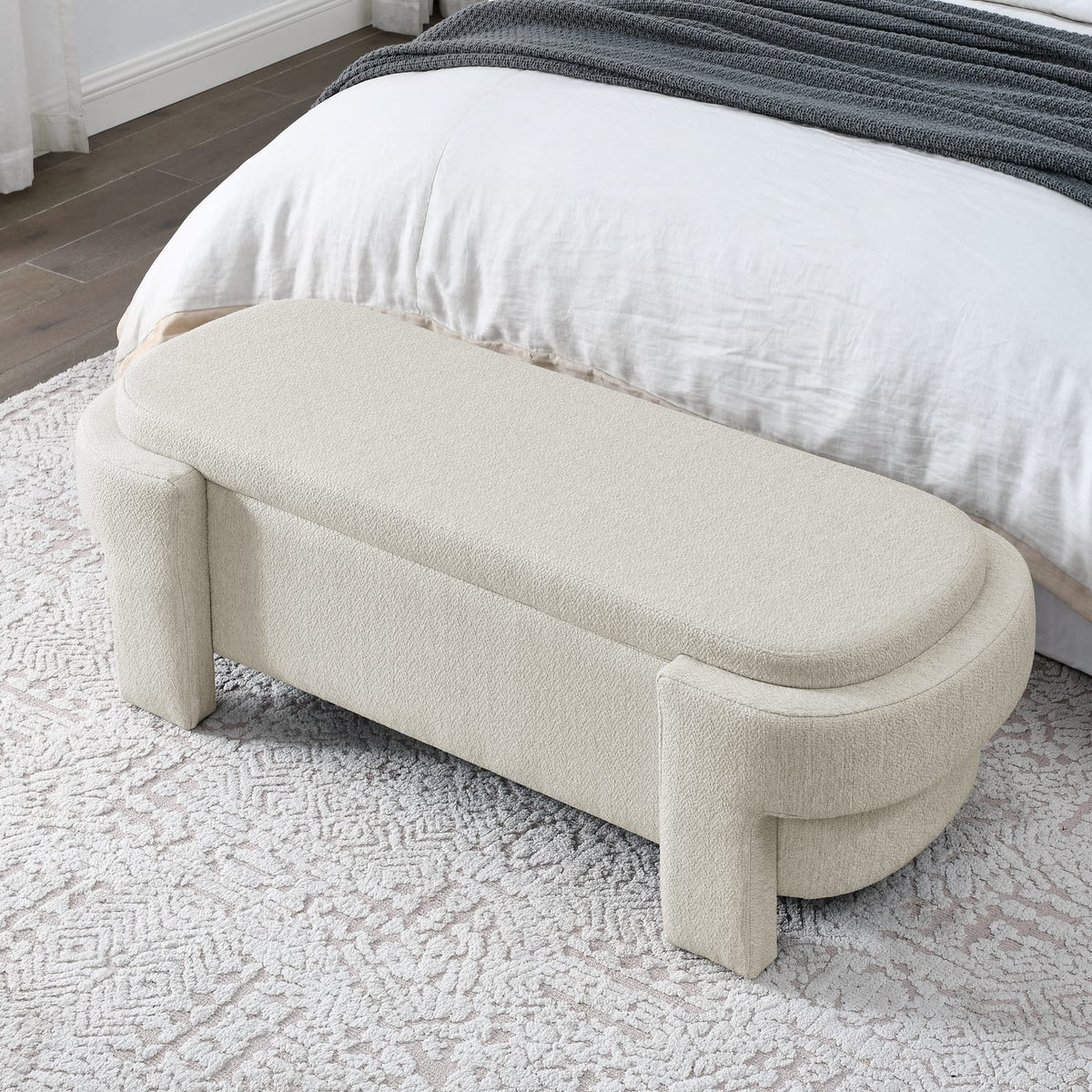 Beige Linen Storage Bench with Foam Cushion for Living Room or Bedroom