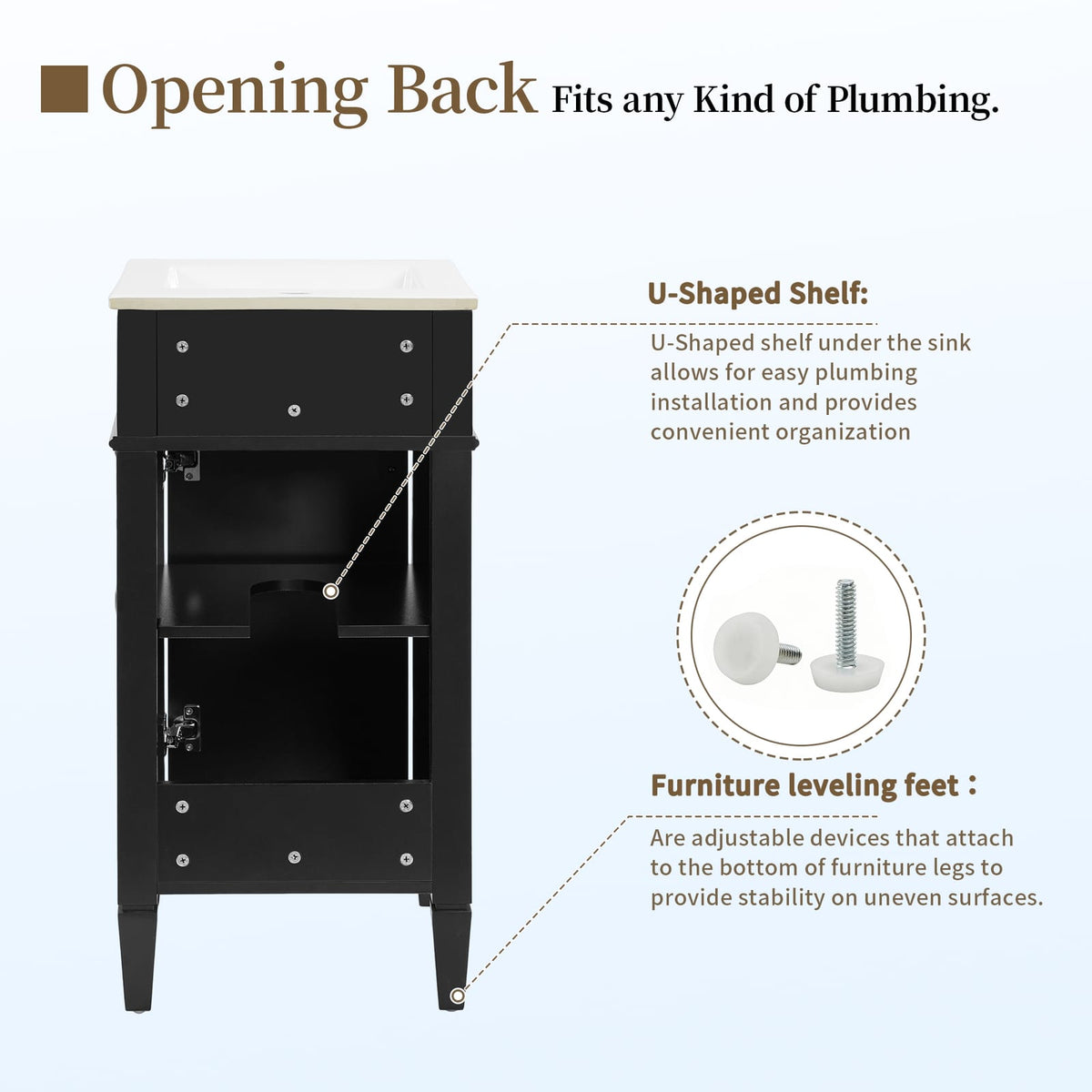 16 Inch Black Bathroom Vanity - Ceramic Sink Storage