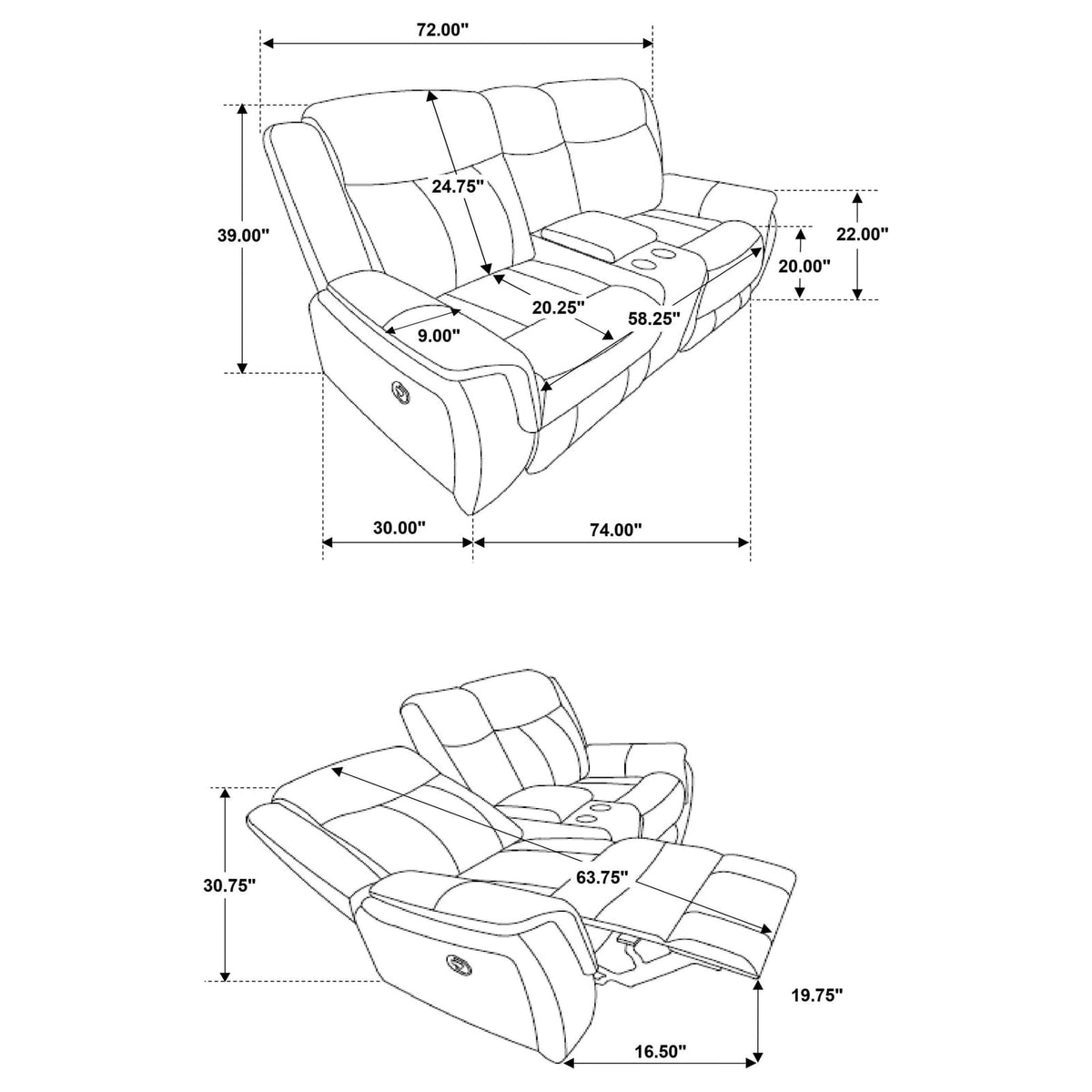 Charcoal Polyester Loveseat - 74" Recliner Primary Living Space