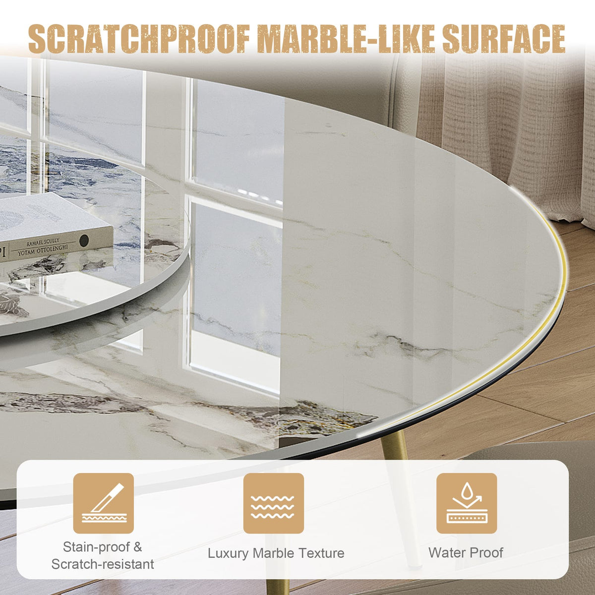 59" Round Sintered Stone Dining Table - Golden White, Modern Luxury Kitchen Table