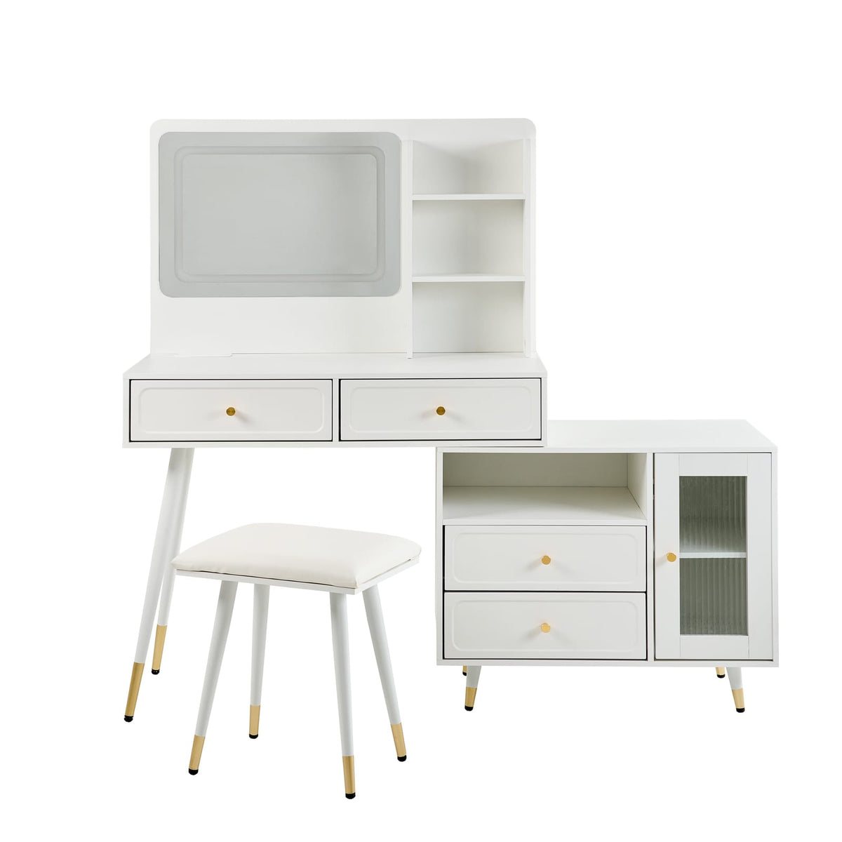 White Engineered Wood Makeup Vanity Desk with Mirror & Lights for Bedroom