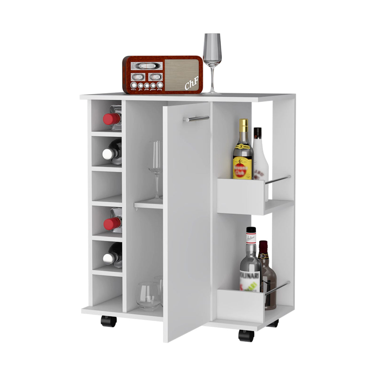 White Pine Mobile Bar Cart with Open Shelves for Entertaining for Living Room