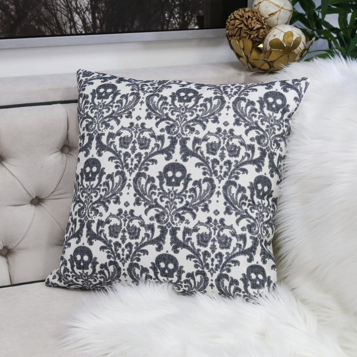 Baroque Skull Throw Pillow Gothic Gray & White Day of the Dead Accent Cushion