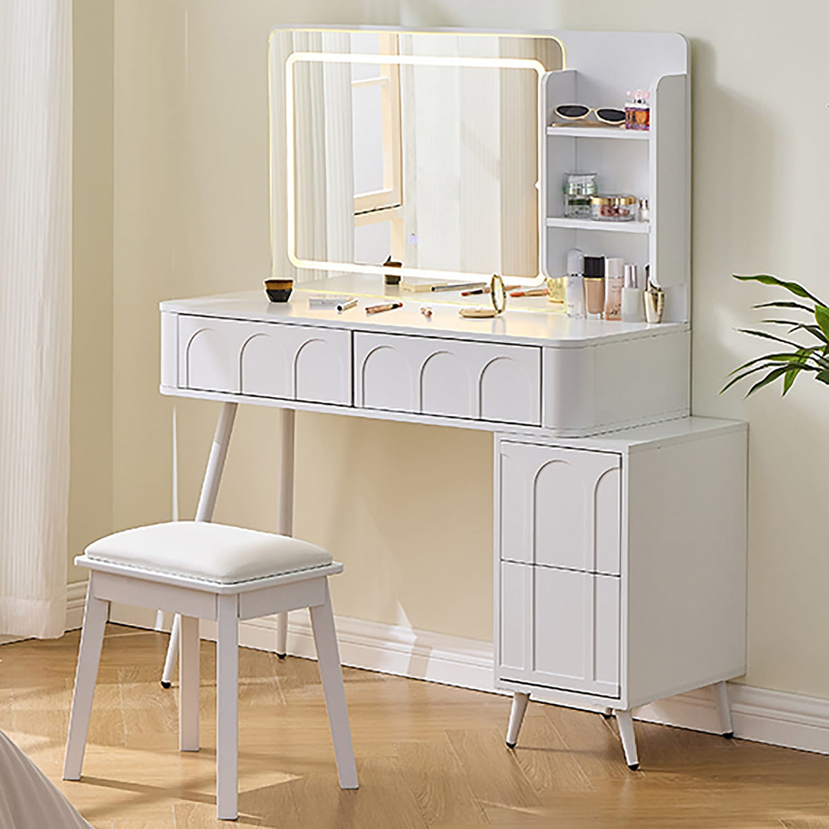 White Makeup Vanity Desk with LED Mirror & Stool - 4 Drawers for Bedroom
