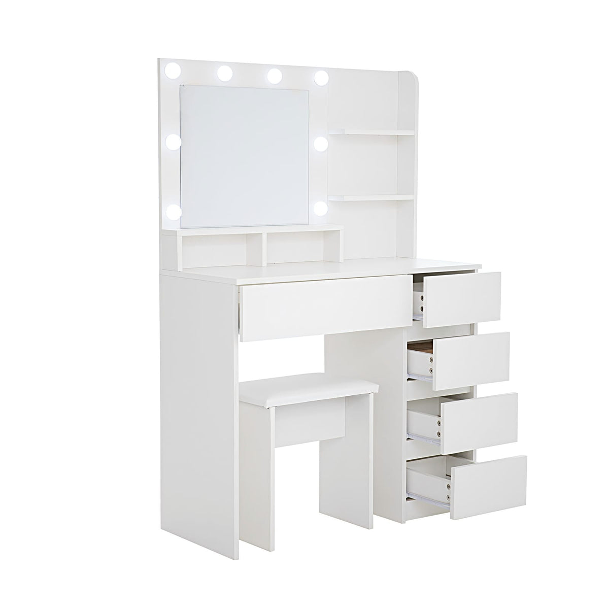 White Makeup Vanity Desk Set with Mirror & Lights - 4 Drawers