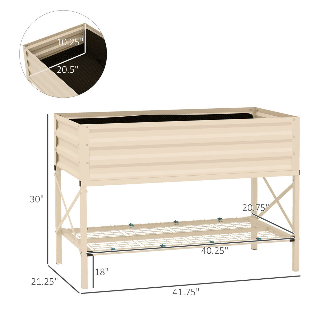 Outsunny Raised Garden Bed - Cream Steel with Storage Shelf
