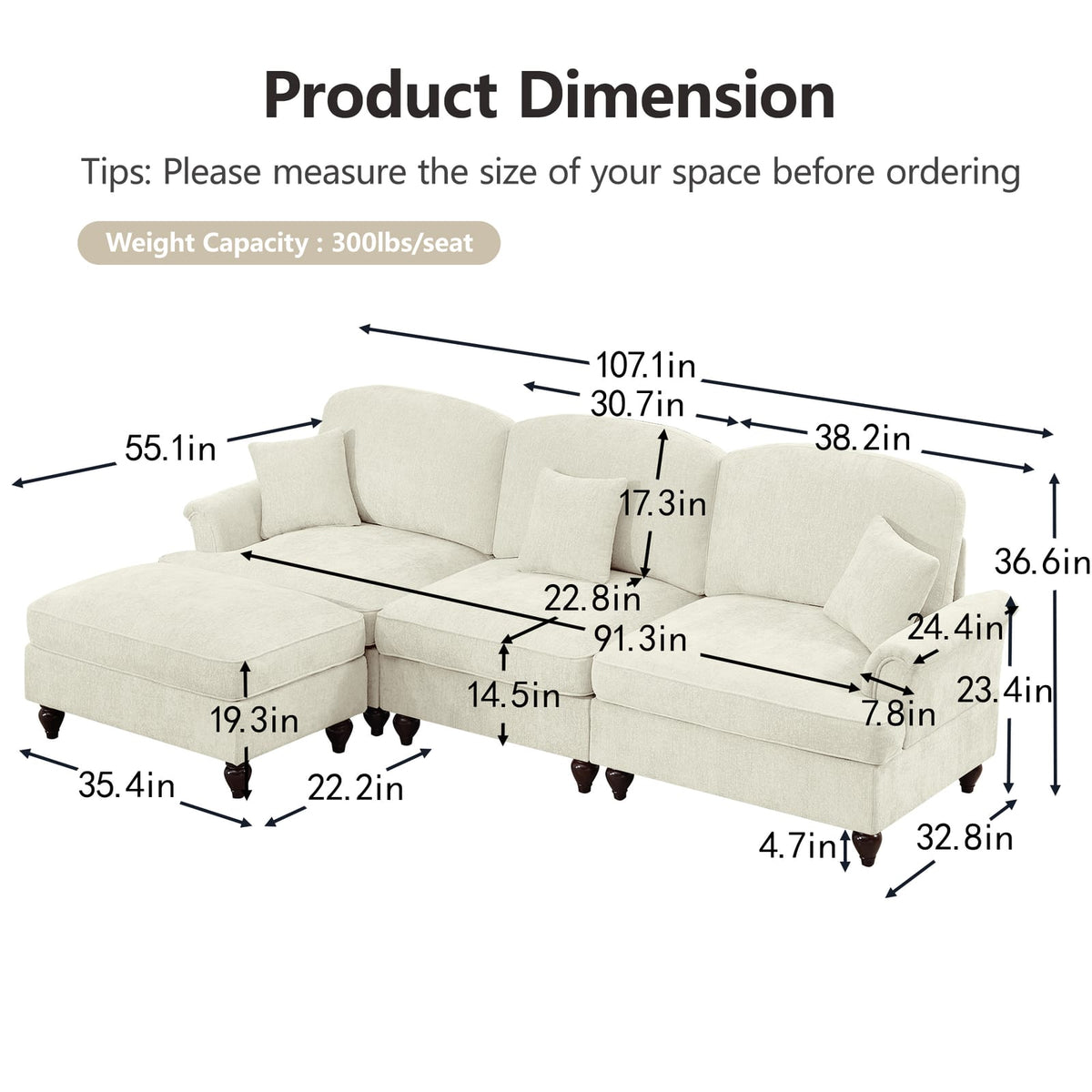 3 Seat Beige White Chenille Sectional Sofa with Removable Ruffles for Living Room