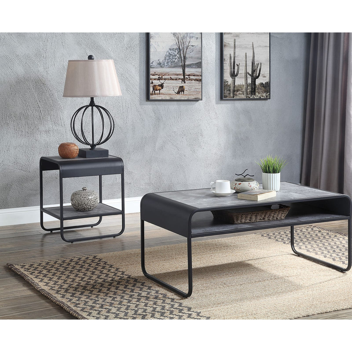 Concrete Grey and Black 1-Shelf End Table - Storage & Modern Style for Living Room