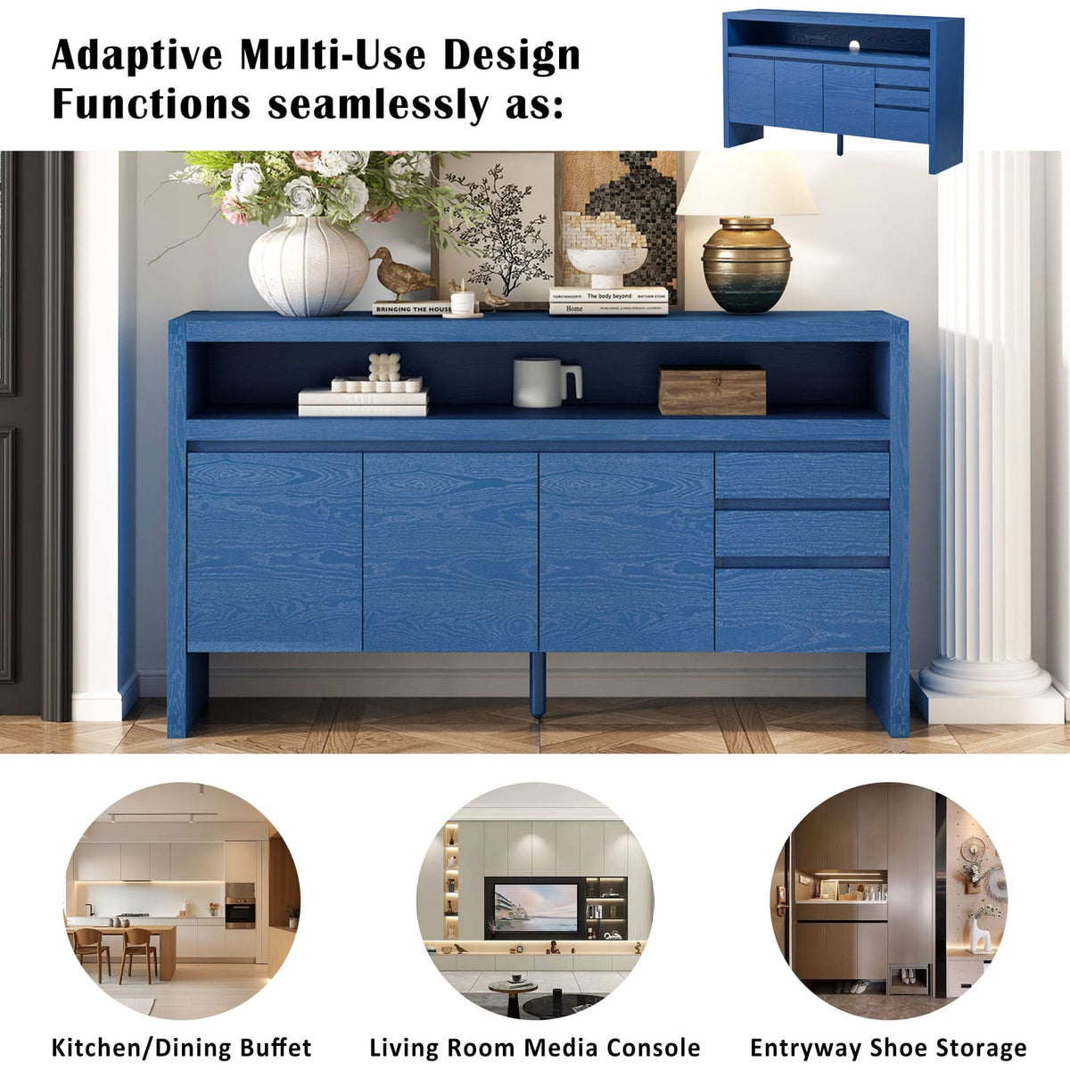 Navy Blue Solid Wood Sideboard 60" - Entryway Storage Cabinet