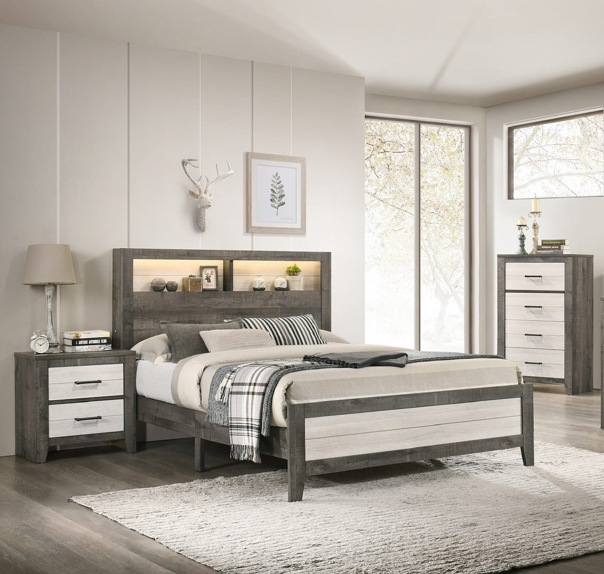 Beige Gray Nightstand - 2 Drawers Wood Storage