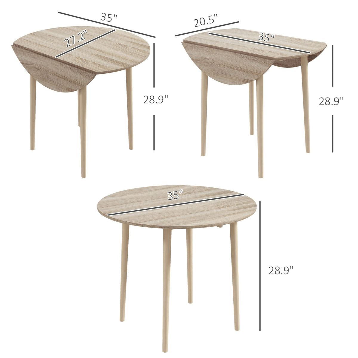 35 Inch Round Folding Drop Leaf Table - Oak MDF for Dining Room