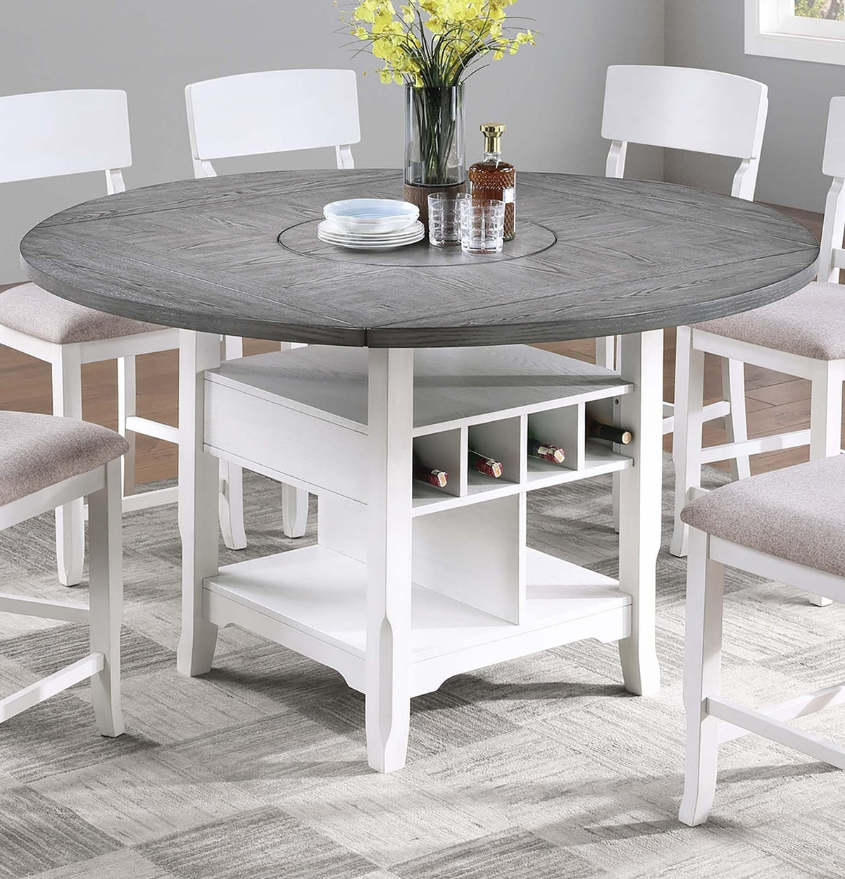 Antique White Round Dining Table with 6 Chairs