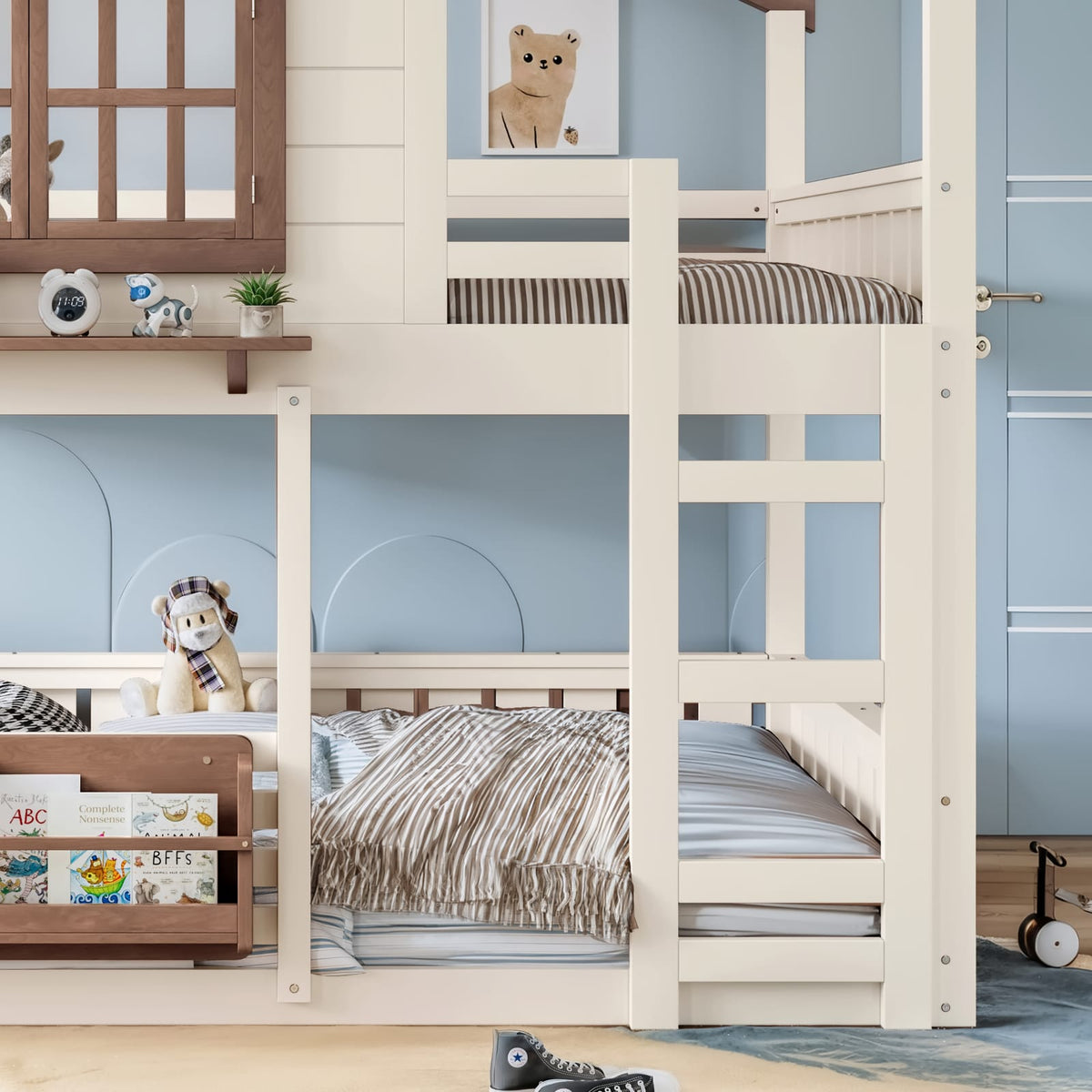 Full Size Bunk Bed with Bookshelf - Beige House Design Loft Bed for Bedroom
