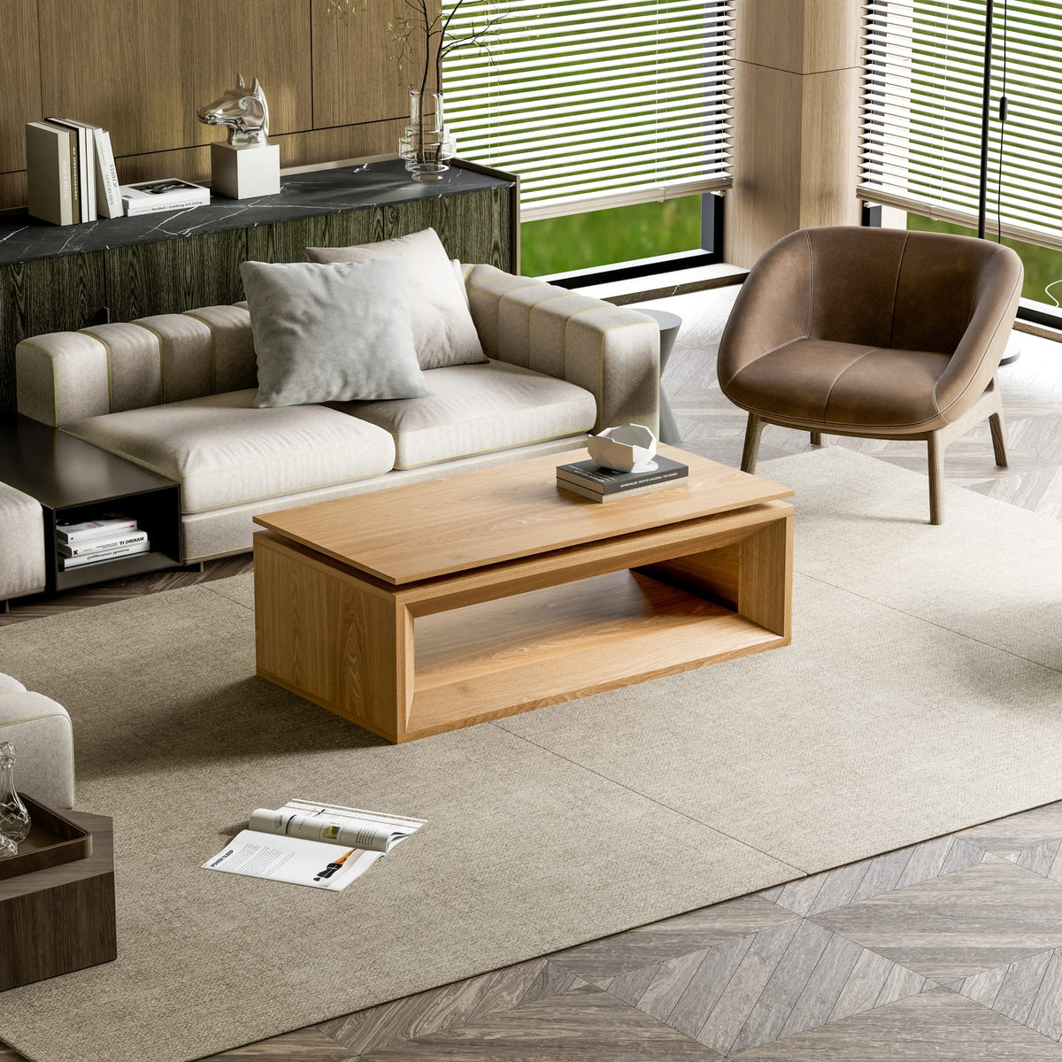Natural Wood Lift Top Coffee Table - Modern Storage Table for Living Room