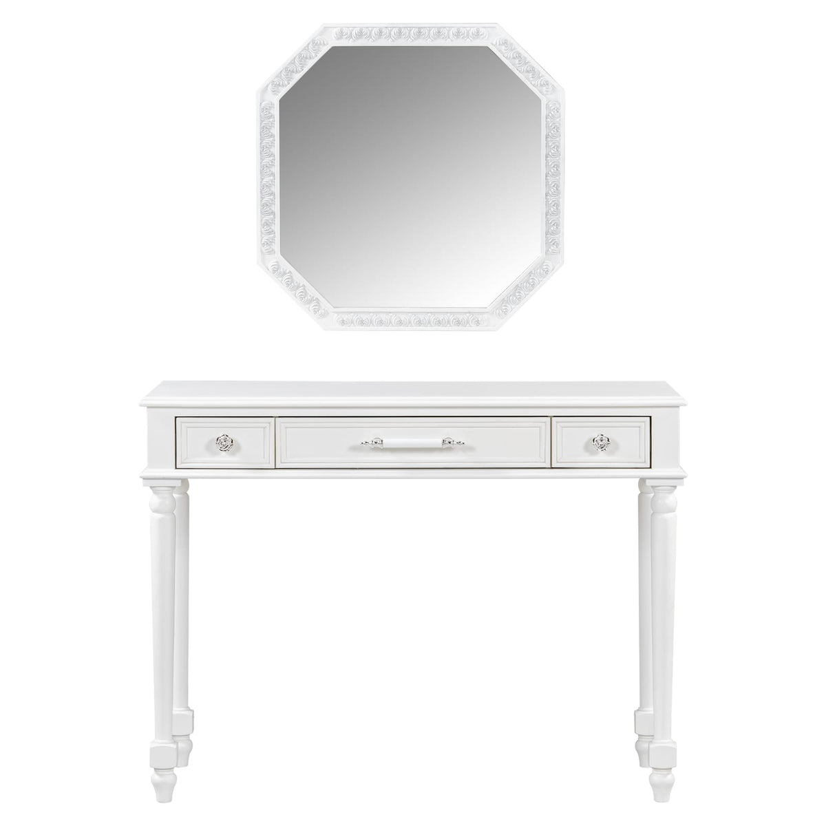White Makeup Desk with Mirror - 3 Drawers, Storage Console Table for Bedroom