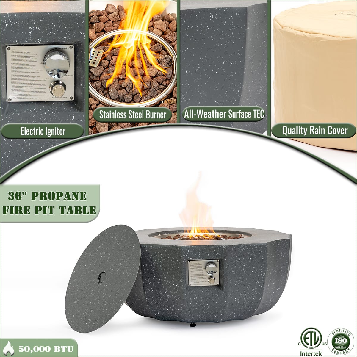 Gray Concrete Fire Pit Table for Garden or Poolside Patio