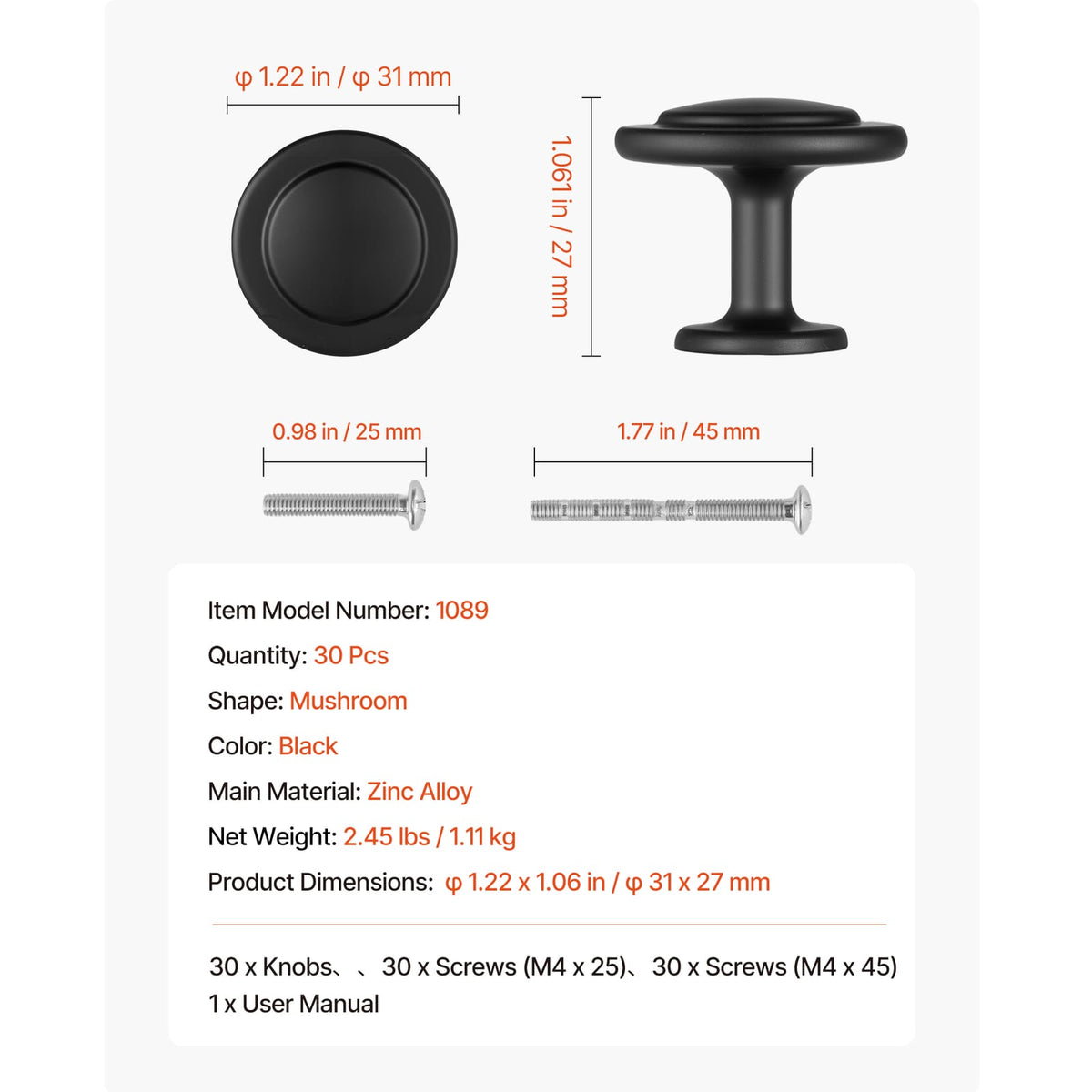 Black Zinc Drawer Knobs - 30 Pack Cabinet Pulls & Handles