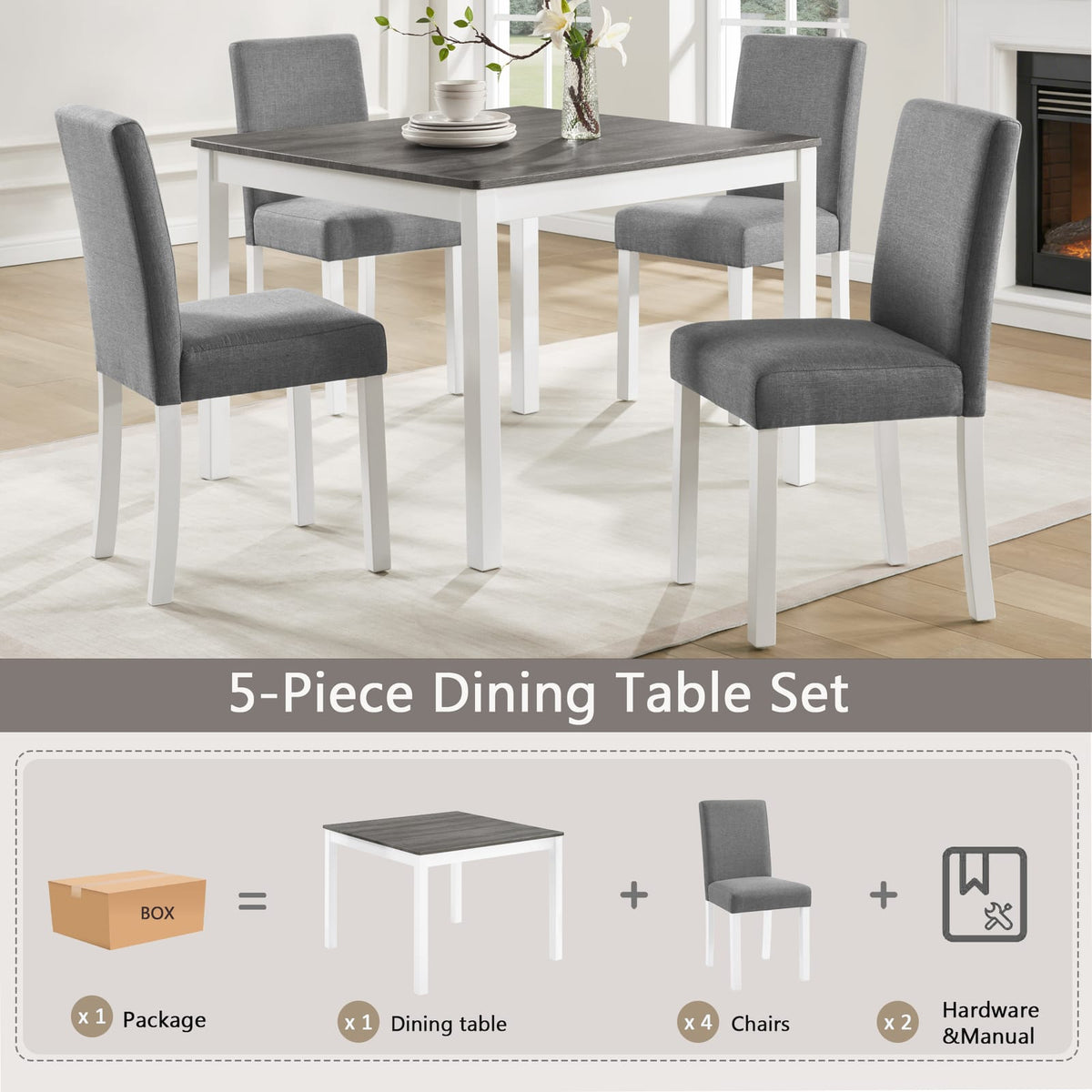 Grey & White 5-Piece Dining Table Set - Seats 4 for Dining Room
