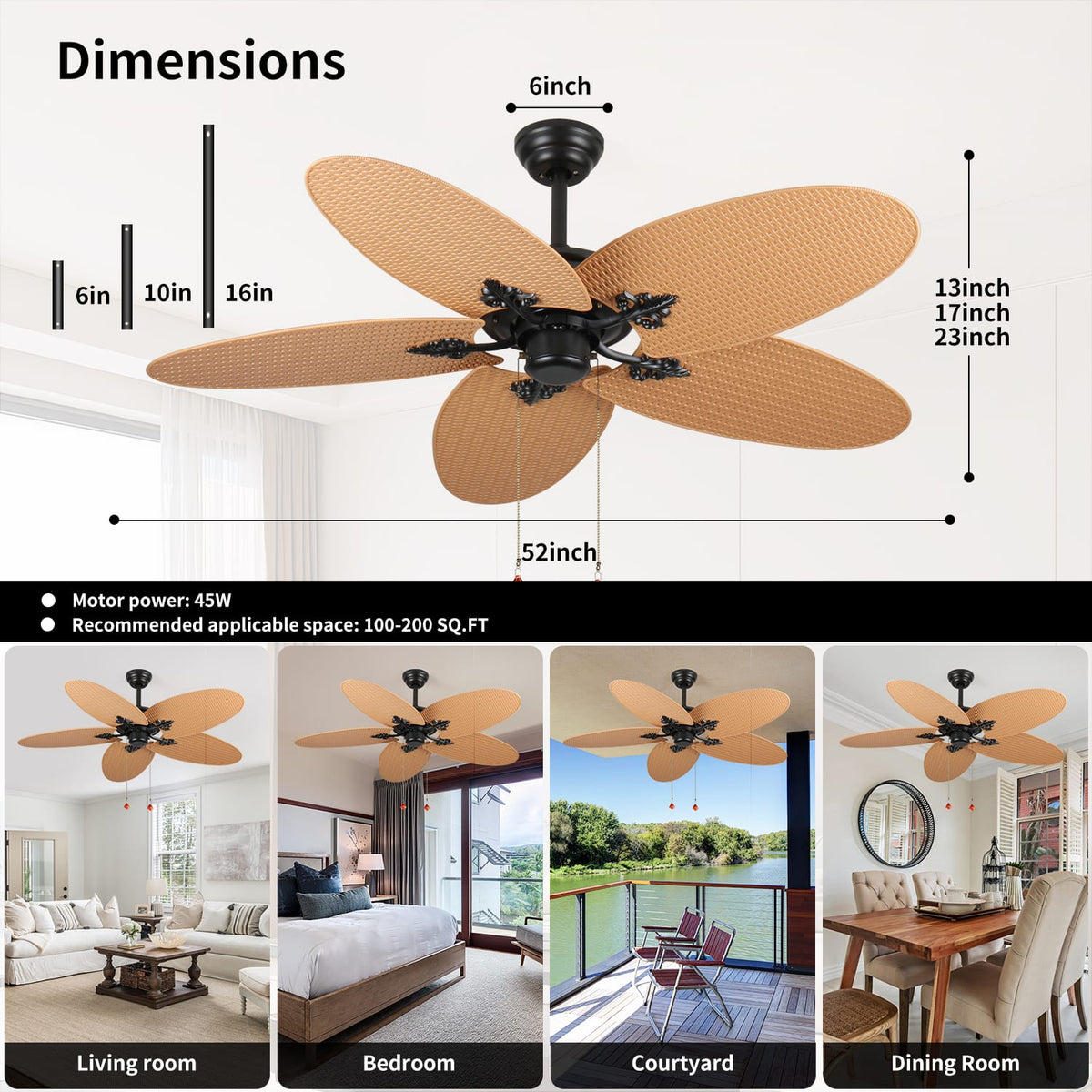 Acacia Wood Ceiling Fan with 5 Palm Leaf Blades for Stylish Rooms