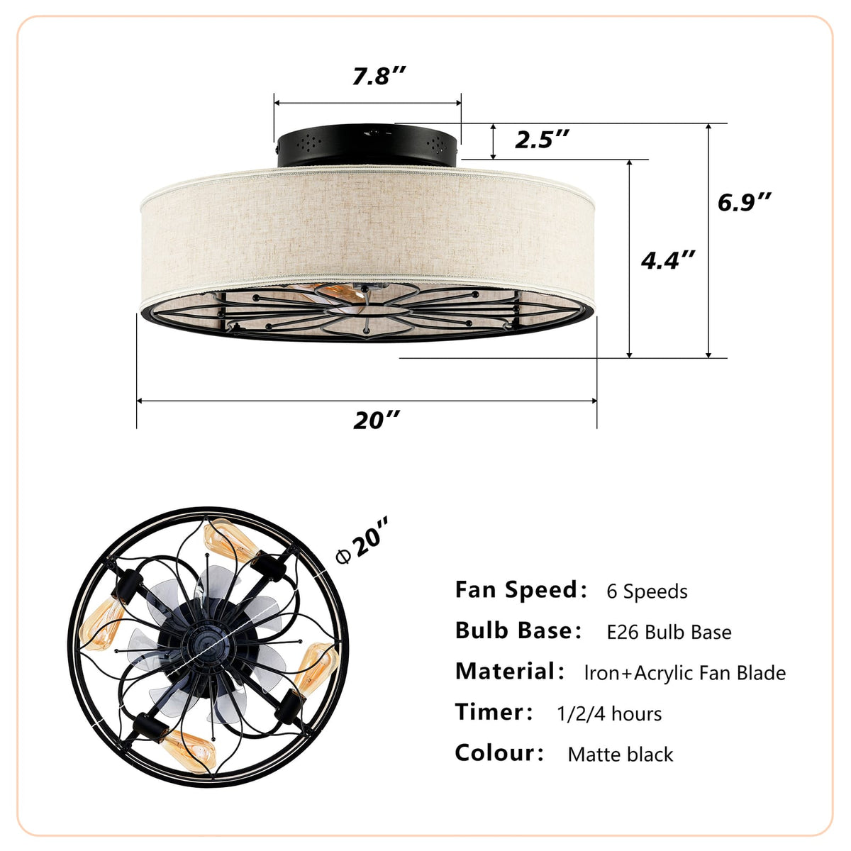 20" Lotus Design Fabric Farmhouse Ceiling Fan with Remote Control