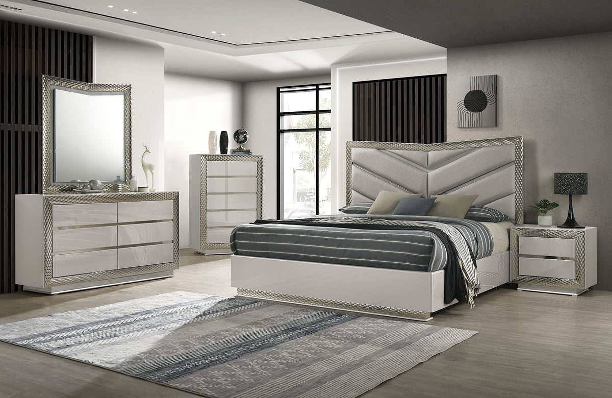 Gray 5-Drawer Chest - Glam Bedroom Dresser with Plinth Base