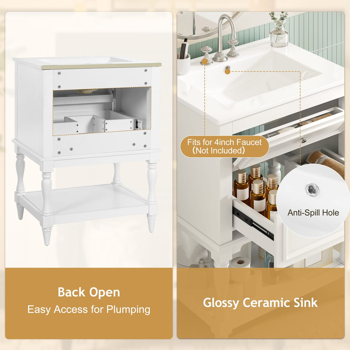 24'' White Ceramic Sink Bathroom Vanity - Retro Storage Cabinet