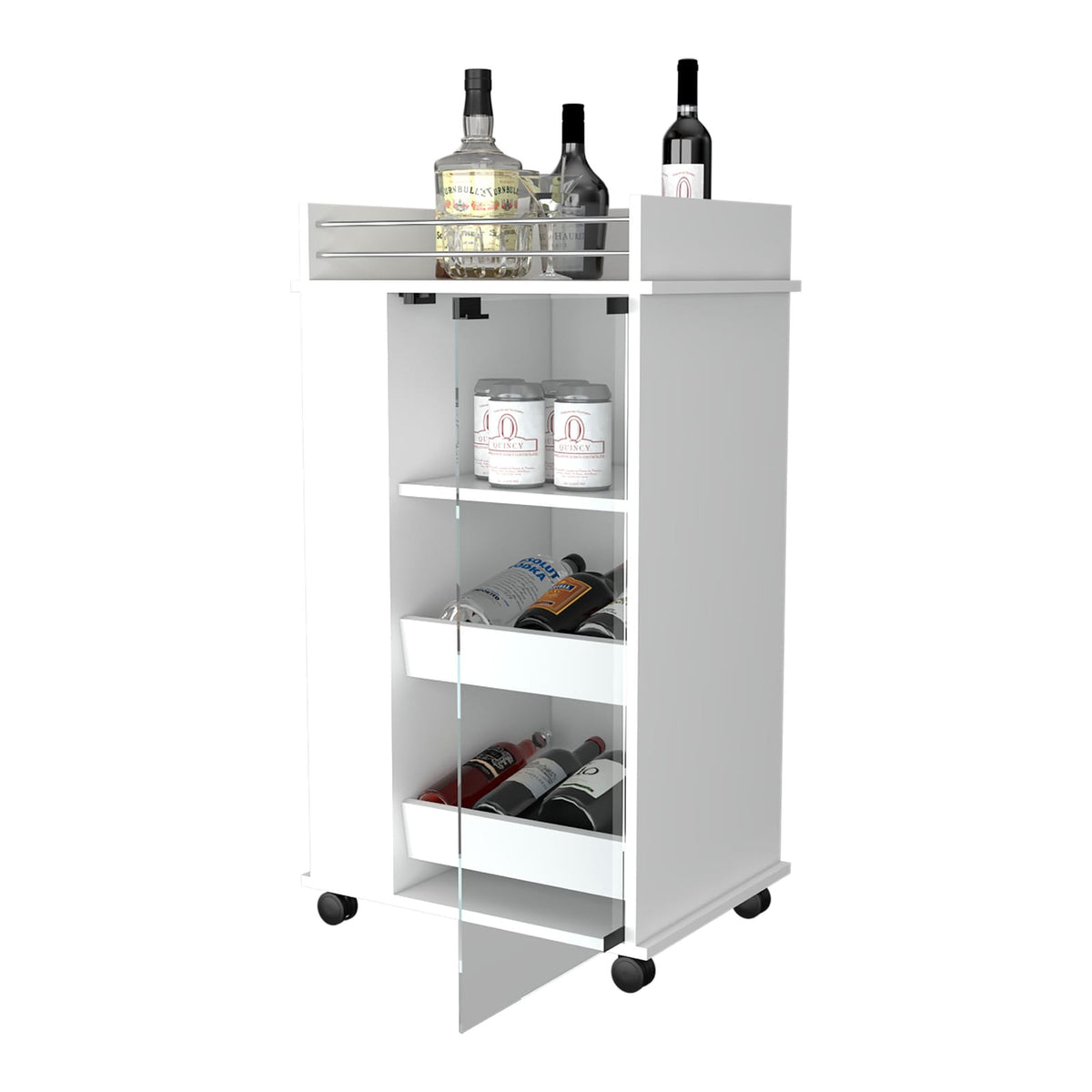 White Mobile Bar Cart - 3 Shelf Pine Cabinet