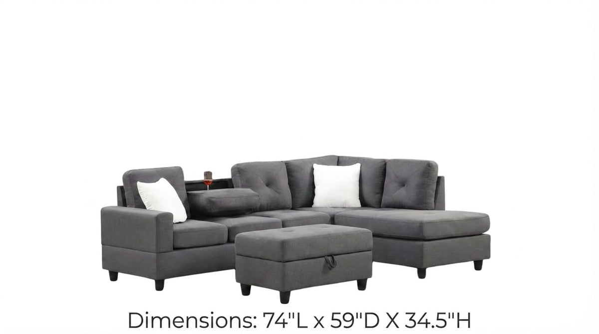 102" Charcoal Linen Sectional Sofa - 5 Seat L-Shape