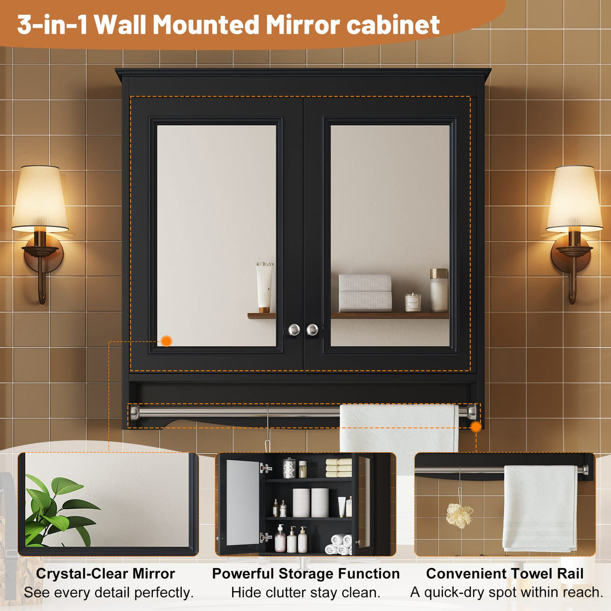 Black Bathroom Storage Cabinet with Mirror - 30 Inch Wall Mounted