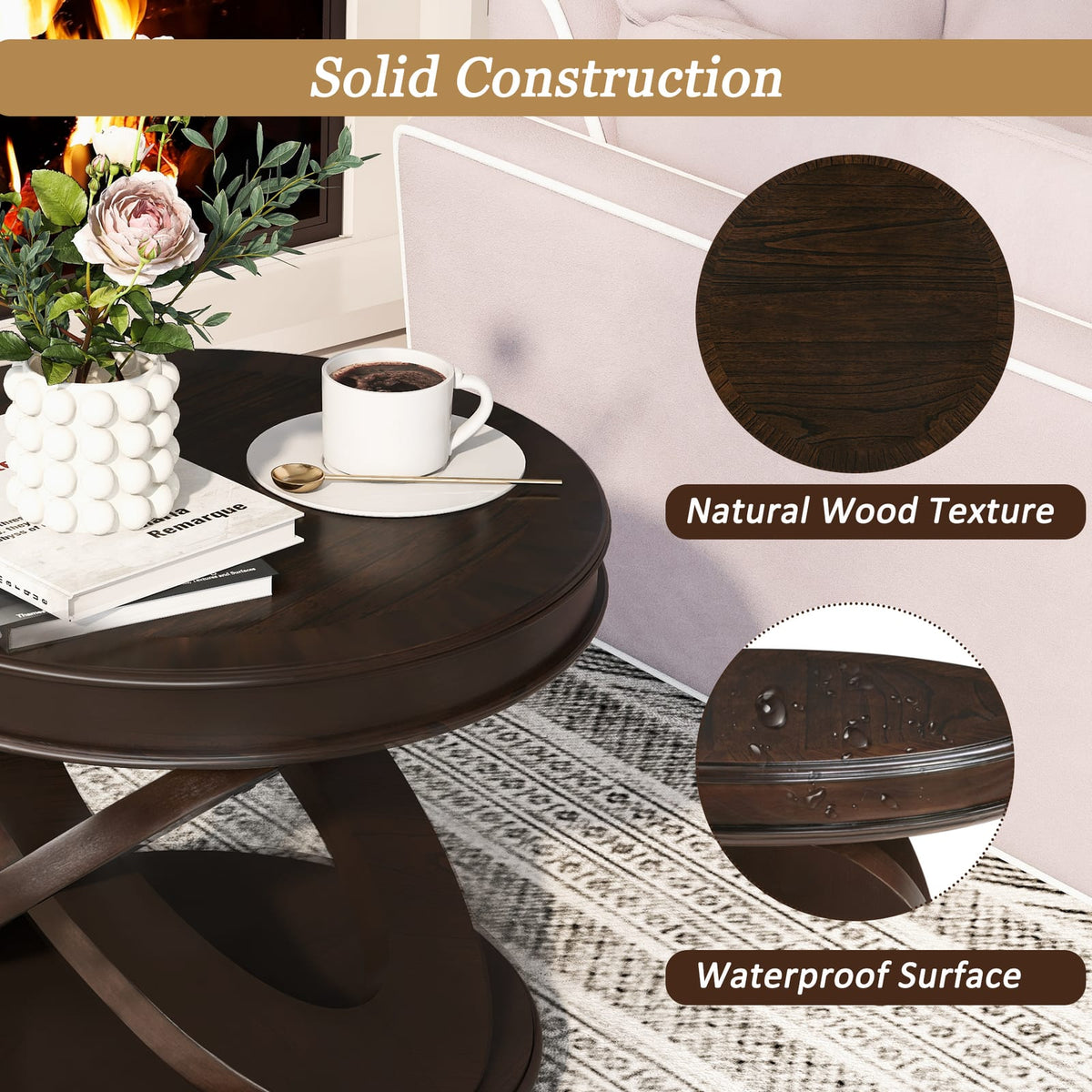 Retro Round Wooden End Table - Espresso, Sofa Side Table with X-Shape Base